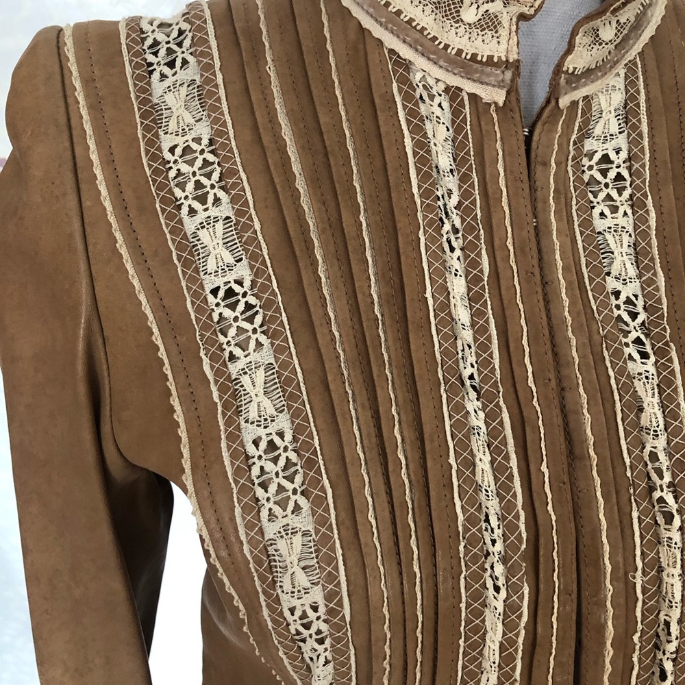 Elie Tahari Vintage Lace Detailed Leather Jacket - Picture 3 of 9